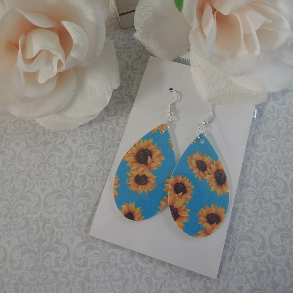 Sunflower Leather Teardrop Dangle Earrings